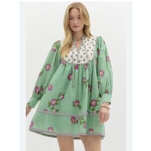 Entro Mini Dress Size M MixedPrint Green Floral Long Sleeve Cottage Prairie NWOT